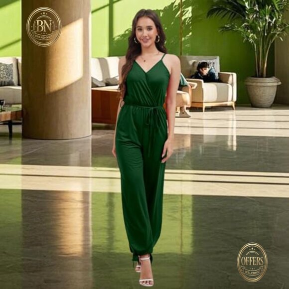 V Neck Sleeveless Jumpsuit Adjustable Spaghetti Strap Split Long Romper with - Picture 5 of 7